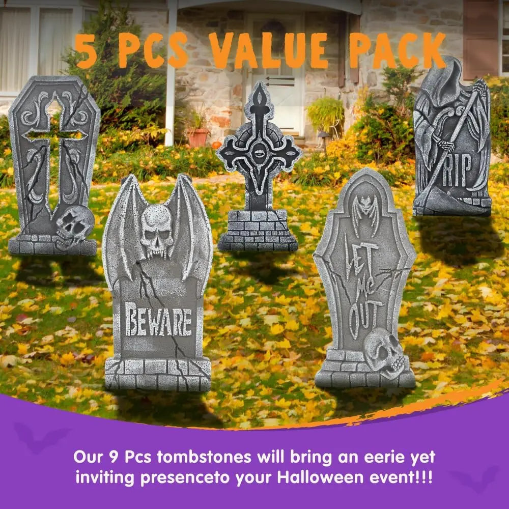 17" Halloween Decorations Outdoor Tombstones 5 Pack Halloween Graveyard Foam Headstones Decor with 12 Metal Stakes for Prop Cemetery Yard Lawn Decorations, Party Supplies