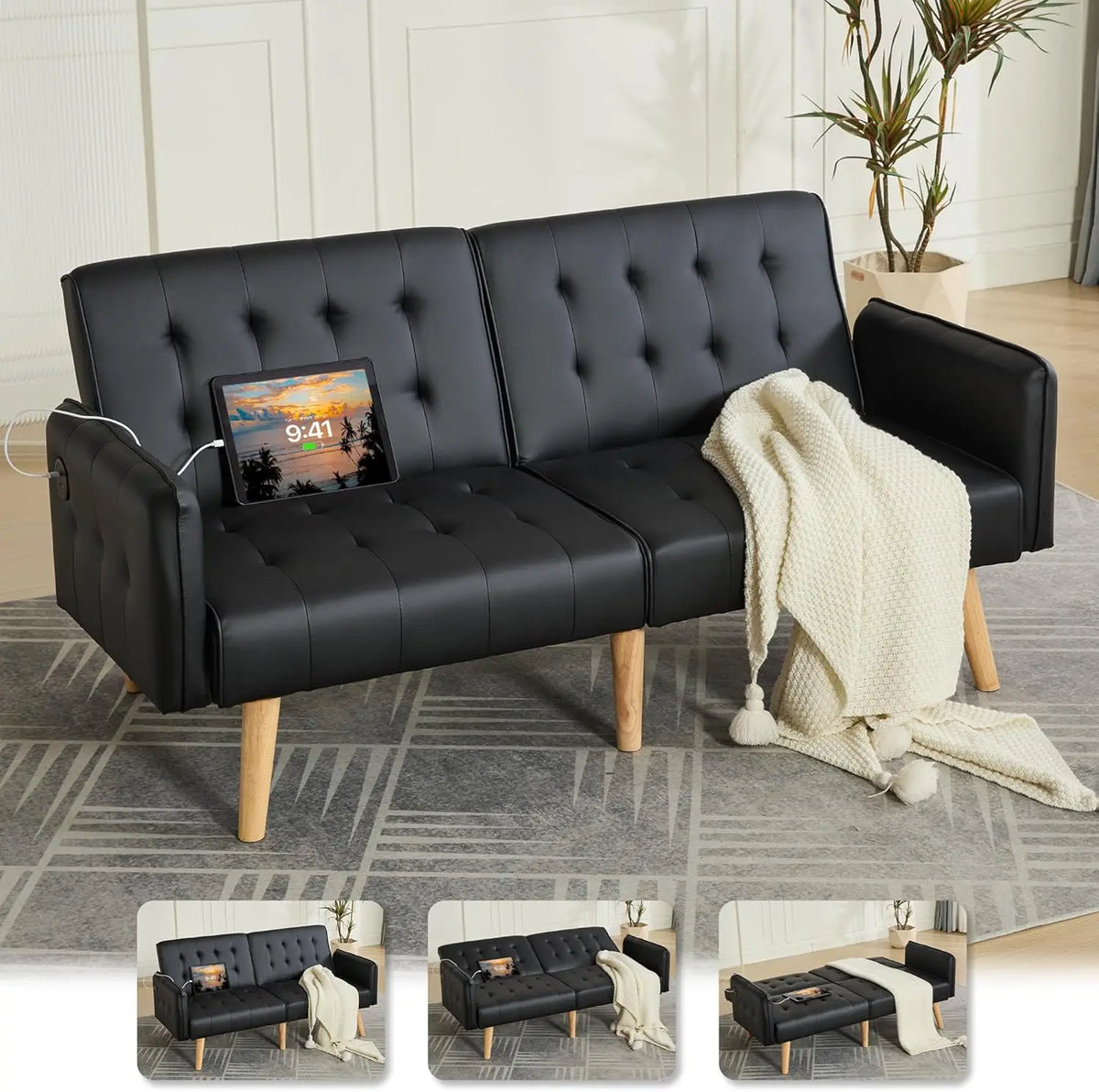 TYBOATLE 65" Futon Sofa Bed 2 USB - Tufted Upholstered Adjustable Loveseat Modern Mid Century for Small Spaces