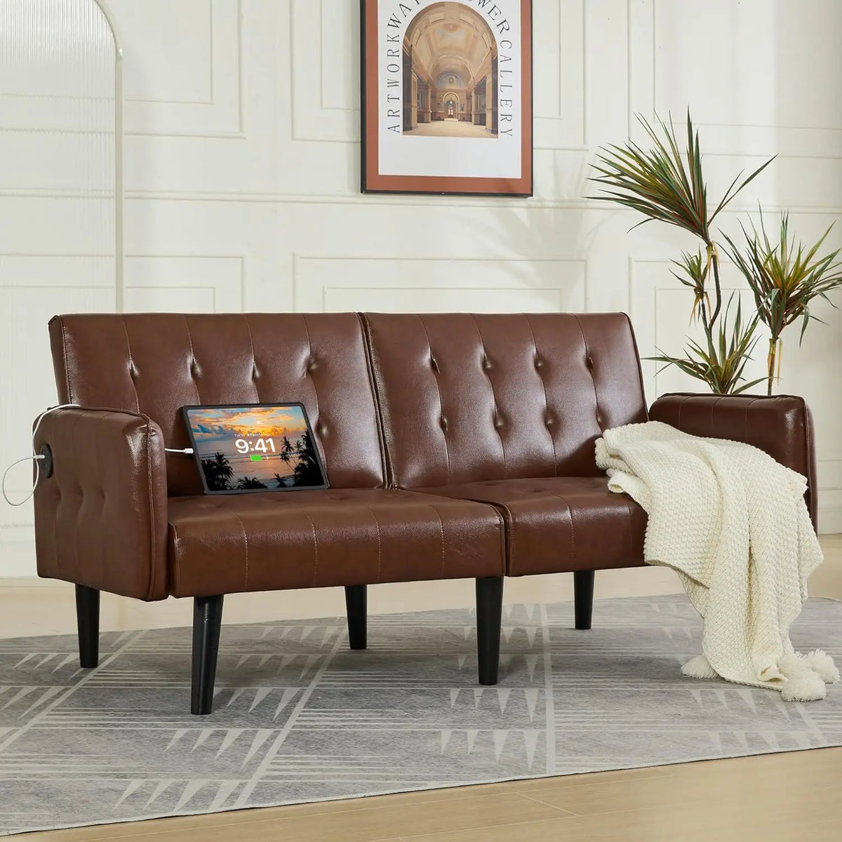 TYBOATLE 65" Futon Sofa Bed 2 USB - Tufted Upholstered Adjustable Loveseat Modern Mid Century for Small Spaces