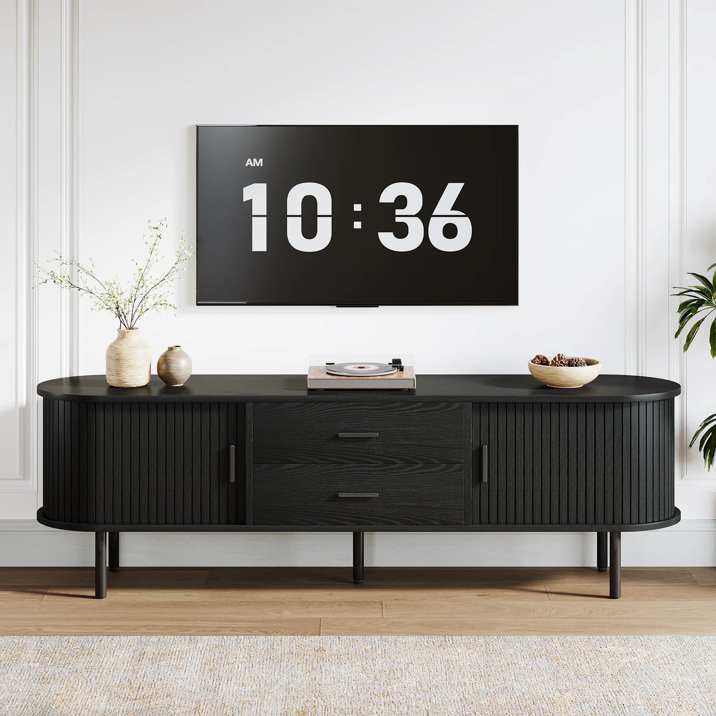 Tribesigns 70" Mid-Century Modern TV Stand with Sliding Tambour Door, Drawers and Adjustable Shelves, Long Fluted Entertainment