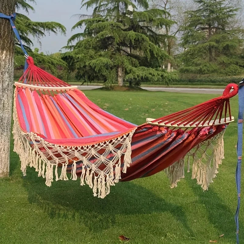 Bohemian Double Hammock for 2 Person, Red White Striped Pattern with Tassels, Heavy Duty Rope Outdoor Hammock with Carry Bag