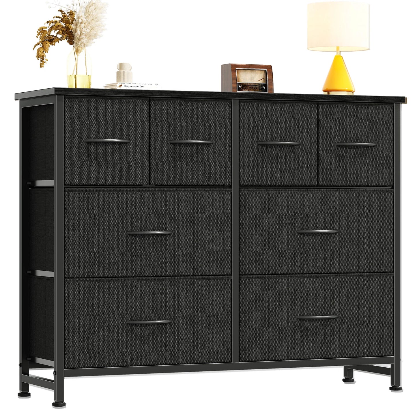 JHK 8 Fabric Drawers Dresser for Living Room Storage Tower with Wood Top and Mental Frame Wide Fabric Dresser for Closet Storage Unit for Entryway