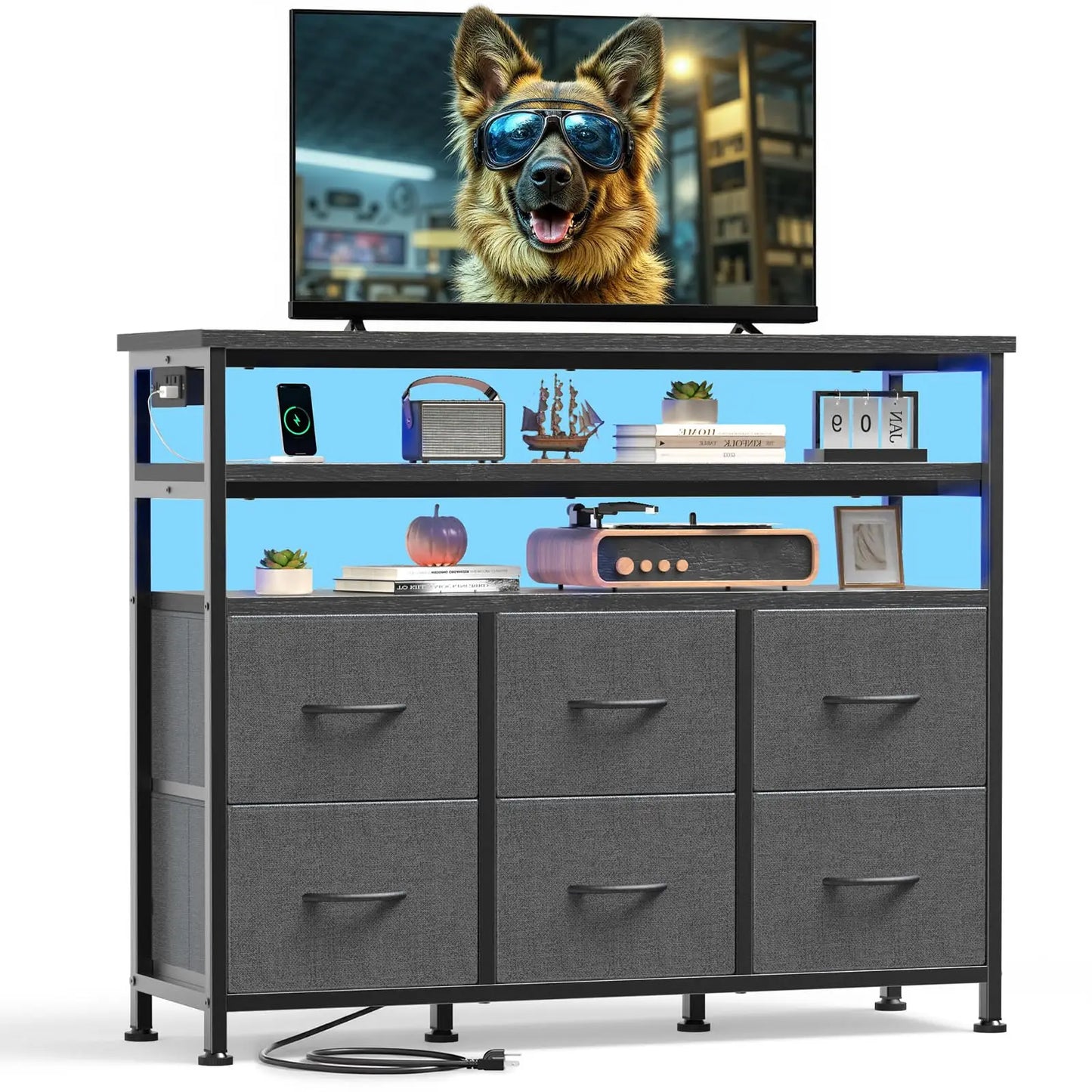 JHK TV Stand Dresser For Living Room With 6 Fabric Drawers Storage Up to 45 inch TV Wood Top TV Media Console Table Cabinet