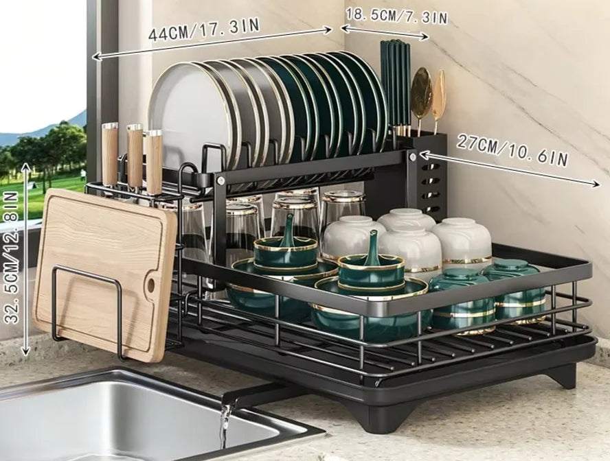 This Double-Layered, Large Metal And Carbon Steel Cutlery Rack Is Perfect For Kitchen Countertops. It's Space-Saving And Durable, Featuring Knife, Fork, And Cup Holders, As Well As A Drainer. The Rust-Resistant Design Makes Y
