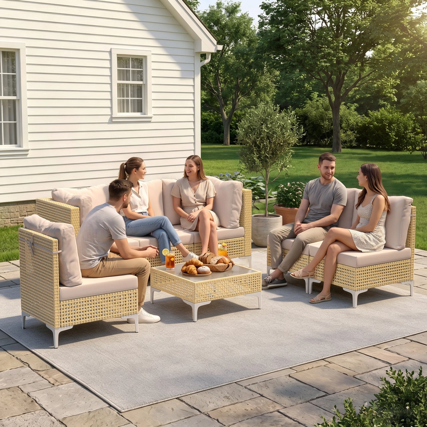 7 Piece Outdoor Patio Furniture Set Boho Style Weatherproof Wicker Conversation Set with Coffee Table