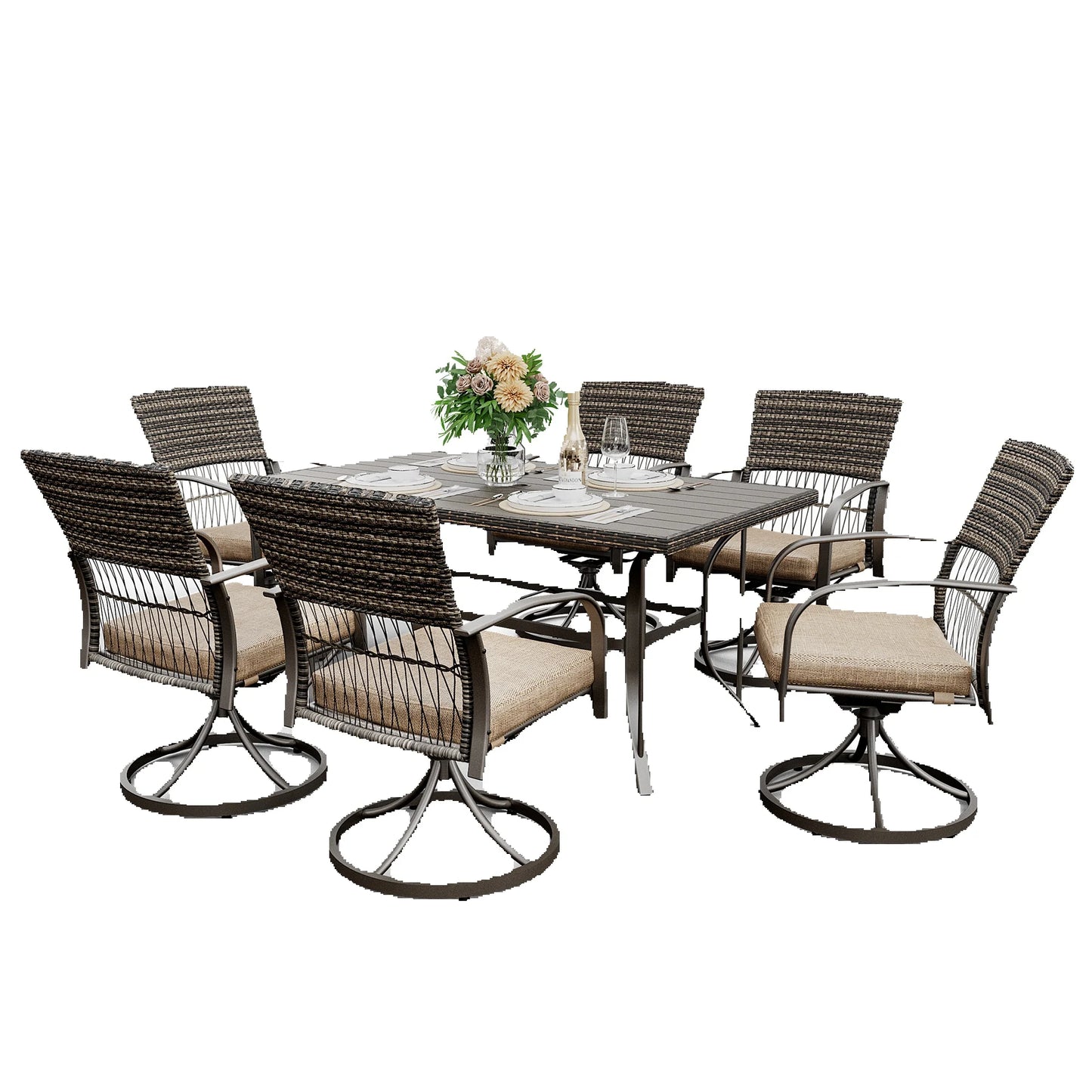 7 Piece Patio Dining Set for 6,Wicker Outdoor Furniture Set for Backyard Garden Deck Poolside with Iron Slats Table Top