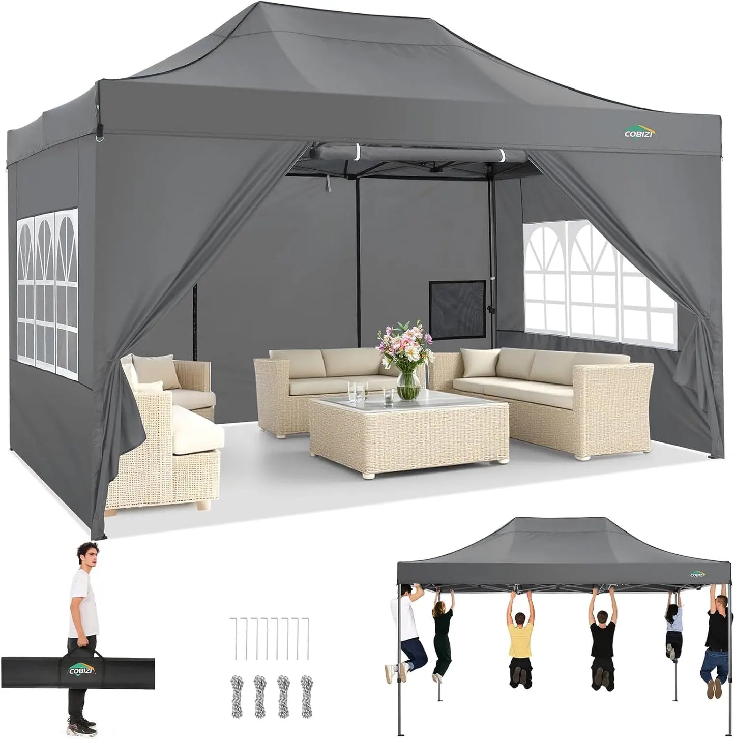 10x15 Pop up Canopy Tent Heavy Duty Gazebo with 4 Sidewalls,UPF 50+ All Weather Waterproof Commercial Outdoor Wedding Party Tent
