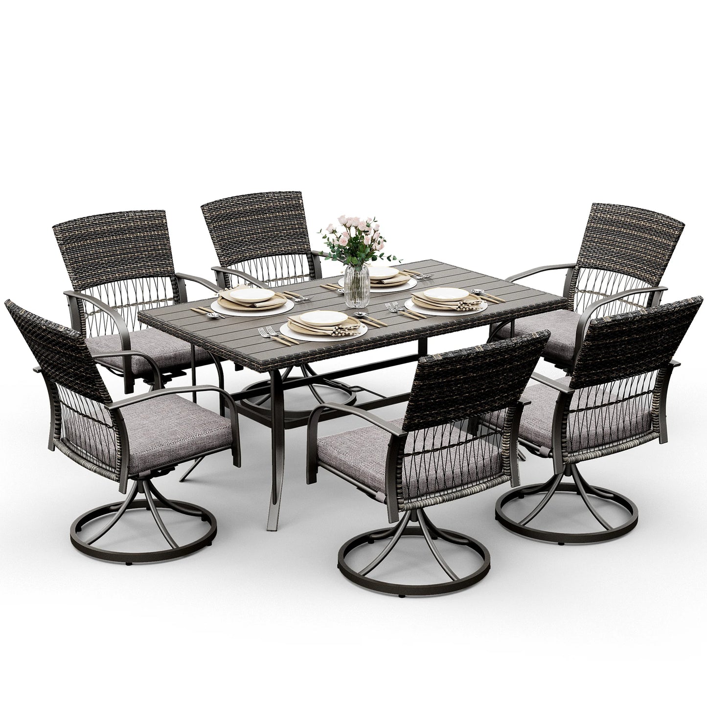 7 Piece Patio Dining Set for 6,Wicker Outdoor Furniture Set for Backyard Garden Deck Poolside with Iron Slats Table Top