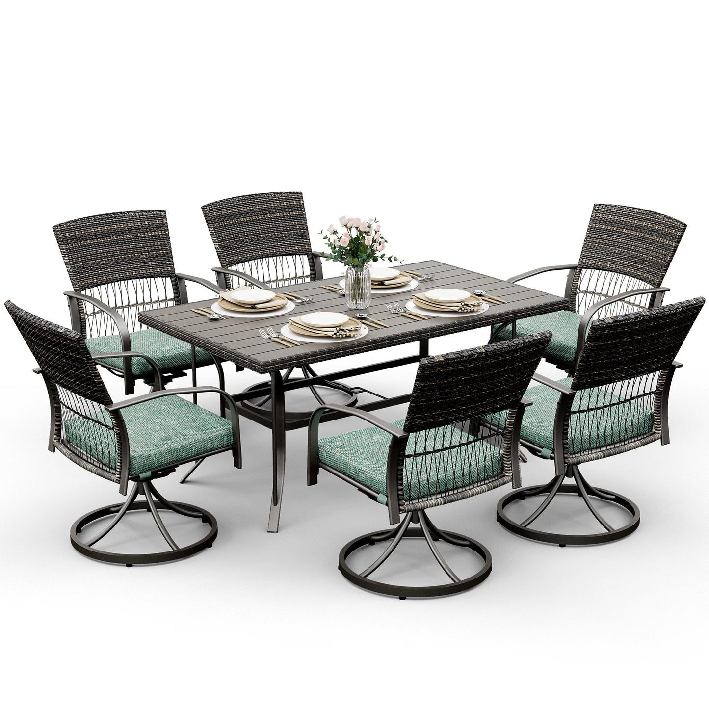 7 Piece Patio Dining Set for 6,Wicker Outdoor Furniture Set for Backyard Garden Deck Poolside with Iron Slats Table Top