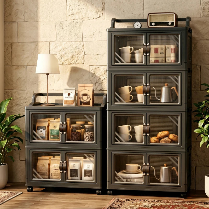Multi-Layer Foldable Plastic Storage Cabinet, No Assembly Needed, Can Be Freely Stacked, Rolling Storage Organizer Box with Corrugated Transparent Double Doors and Top Handle, Visible Foldable Storage Box with Swivel Wheels,