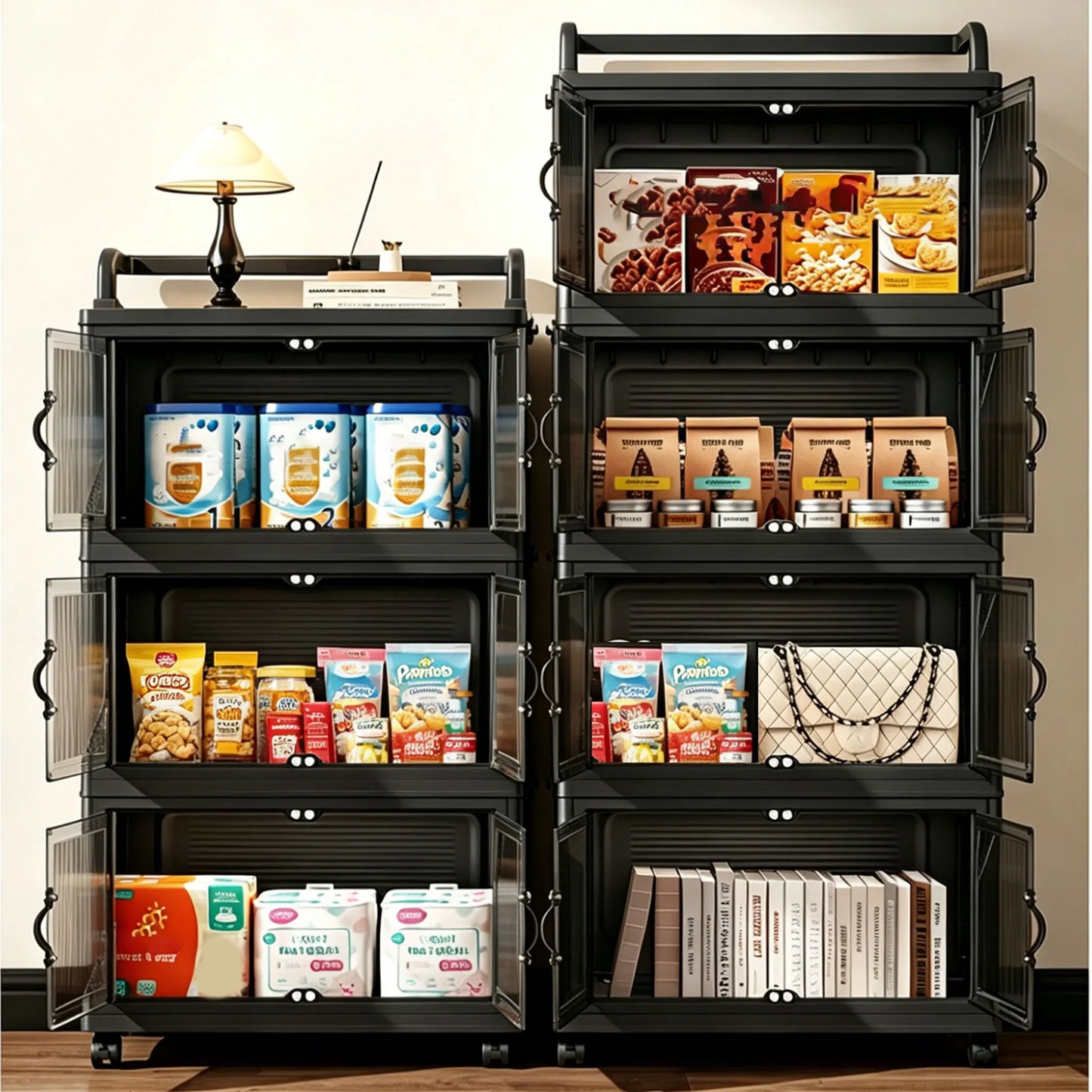 Multi-Layer Foldable Plastic Storage Cabinet, No Assembly Needed, Can Be Freely Stacked, Rolling Storage Organizer Box with Corrugated Transparent Double Doors and Top Handle, Visible Foldable Storage Box with Swivel Wheels,