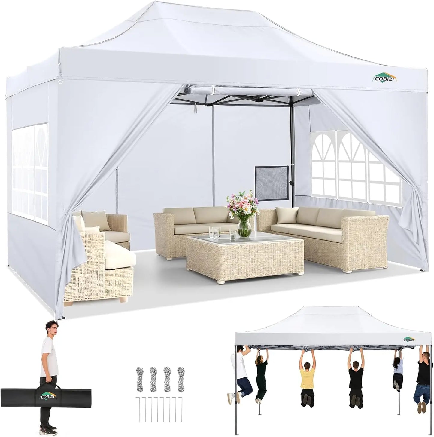 10x15 Pop up Canopy Tent Heavy Duty Gazebo with 4 Sidewalls,UPF 50+ All Weather Waterproof Commercial Outdoor Wedding Party Tent