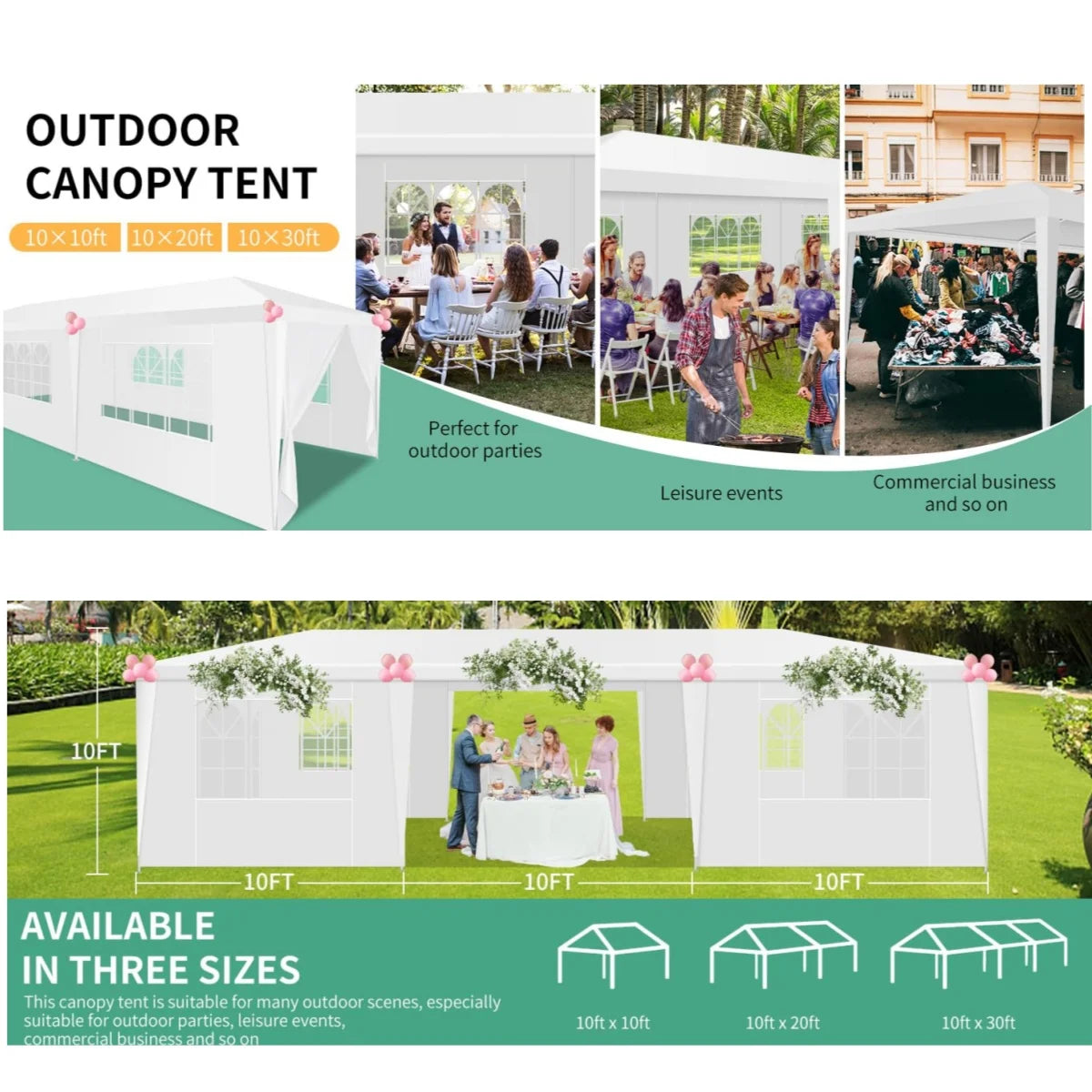 10x10/10X20/10x30FT Party Tent Outdoor Canopy Tent with Sidewalls Upgrade Removable, White Tents for Parties Waterproof