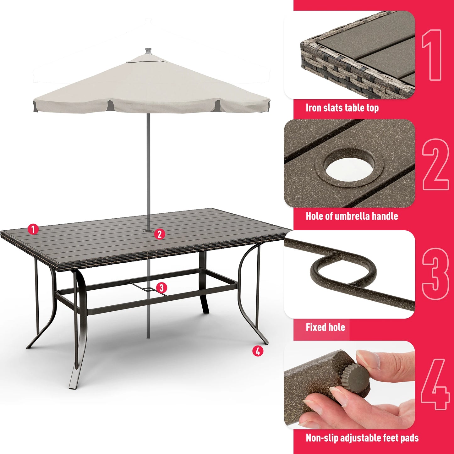 7 Piece Patio Dining Set for 6,Wicker Outdoor Furniture Set for Backyard Garden Deck Poolside with Iron Slats Table Top