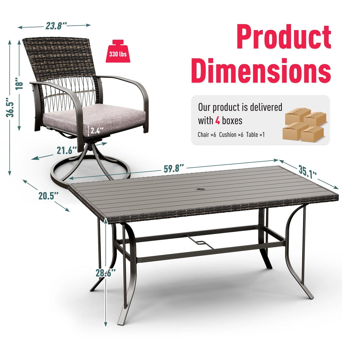 7 Piece Patio Dining Set for 6,Wicker Outdoor Furniture Set for Backyard Garden Deck Poolside with Iron Slats Table Top