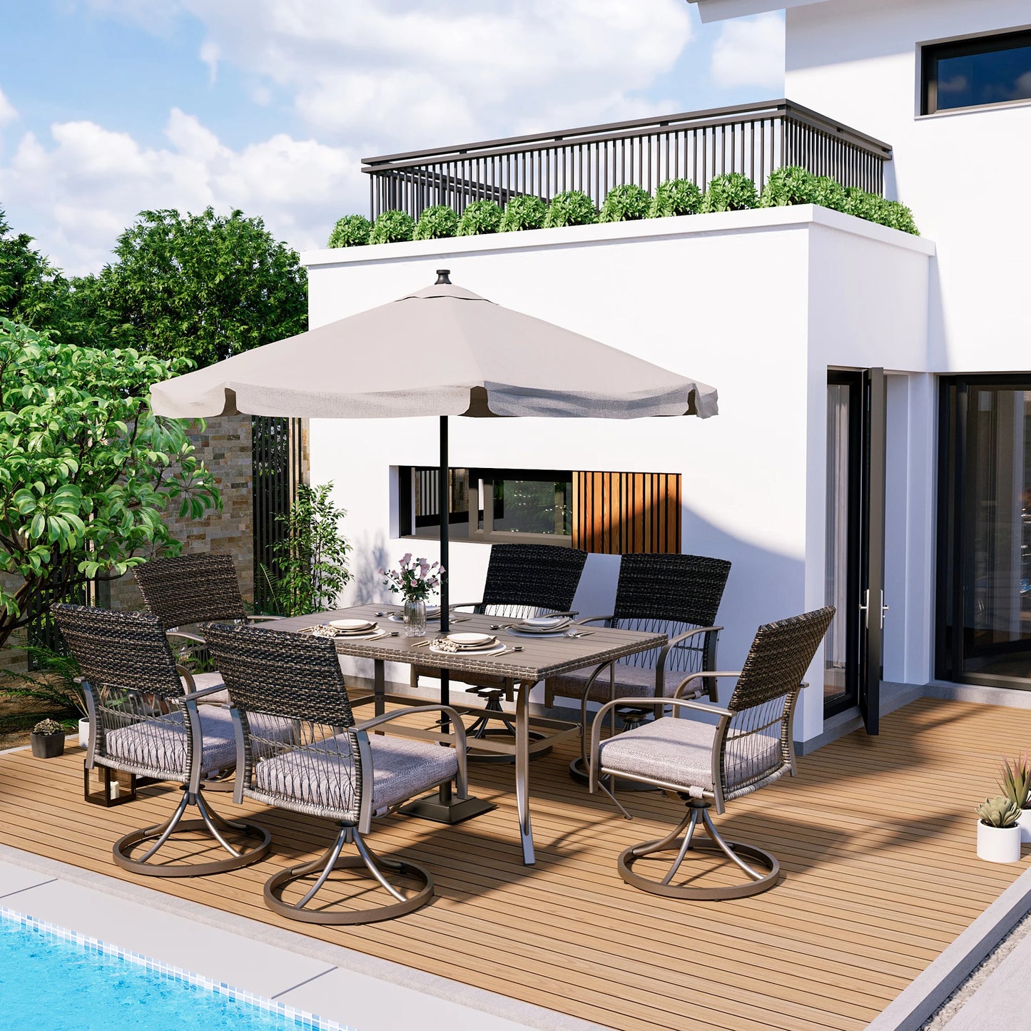 7 Piece Patio Dining Set for 6,Wicker Outdoor Furniture Set for Backyard Garden Deck Poolside with Iron Slats Table Top