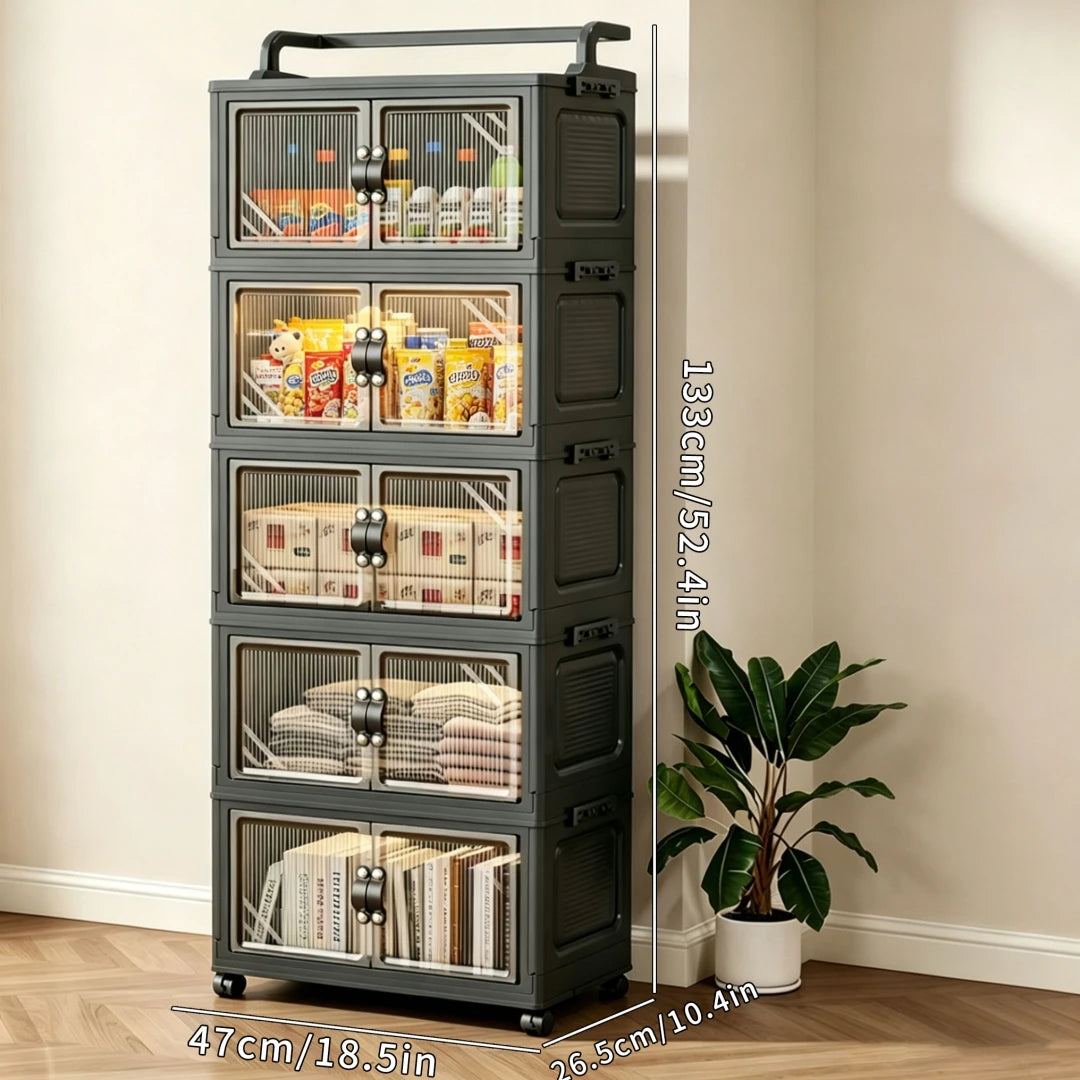 Multi-Layer Foldable Plastic Storage Cabinet, No Assembly Needed, Can Be Freely Stacked, Rolling Storage Organizer Box with Corrugated Transparent Double Doors and Top Handle, Visible Foldable Storage Box with Swivel Wheels,