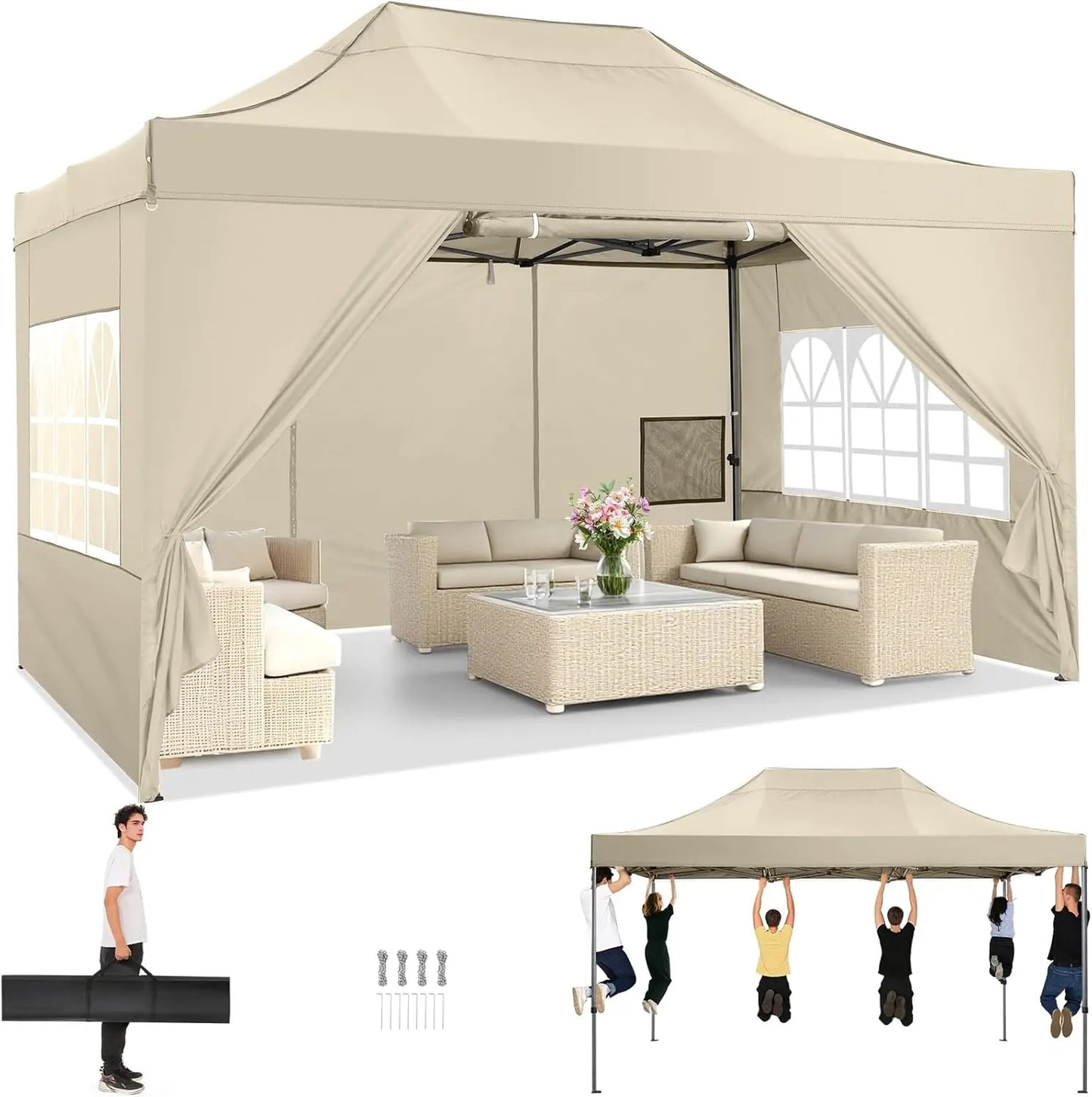 10x15 Pop up Canopy Tent Heavy Duty Gazebo with 4 Sidewalls,UPF 50+ All Weather Waterproof Commercial Outdoor Wedding Party Tent