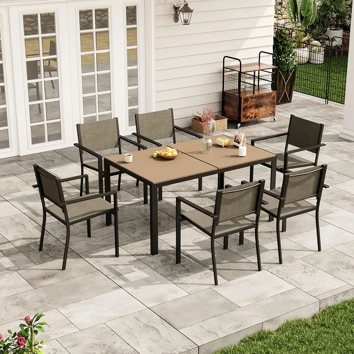 Aoxun 7 Piece Patio Dining Set for 6 All Weather Outdoor Table and Chairs Rectangular Metal Table Textilene Chairs Backyard Garden Poolside