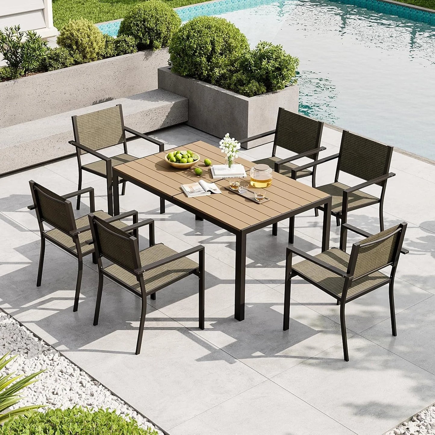 Aoxun 7 Piece Patio Dining Set for 6 All Weather Outdoor Table and Chairs Rectangular Metal Table Textilene Chairs Backyard Garden Poolside