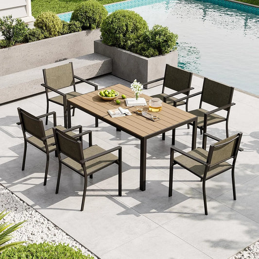 Aoxun 7 Piece Patio Dining Set for 6 All Weather Outdoor Table and Chairs Rectangular Metal Table Textilene Chairs Backyard Garden Poolside
