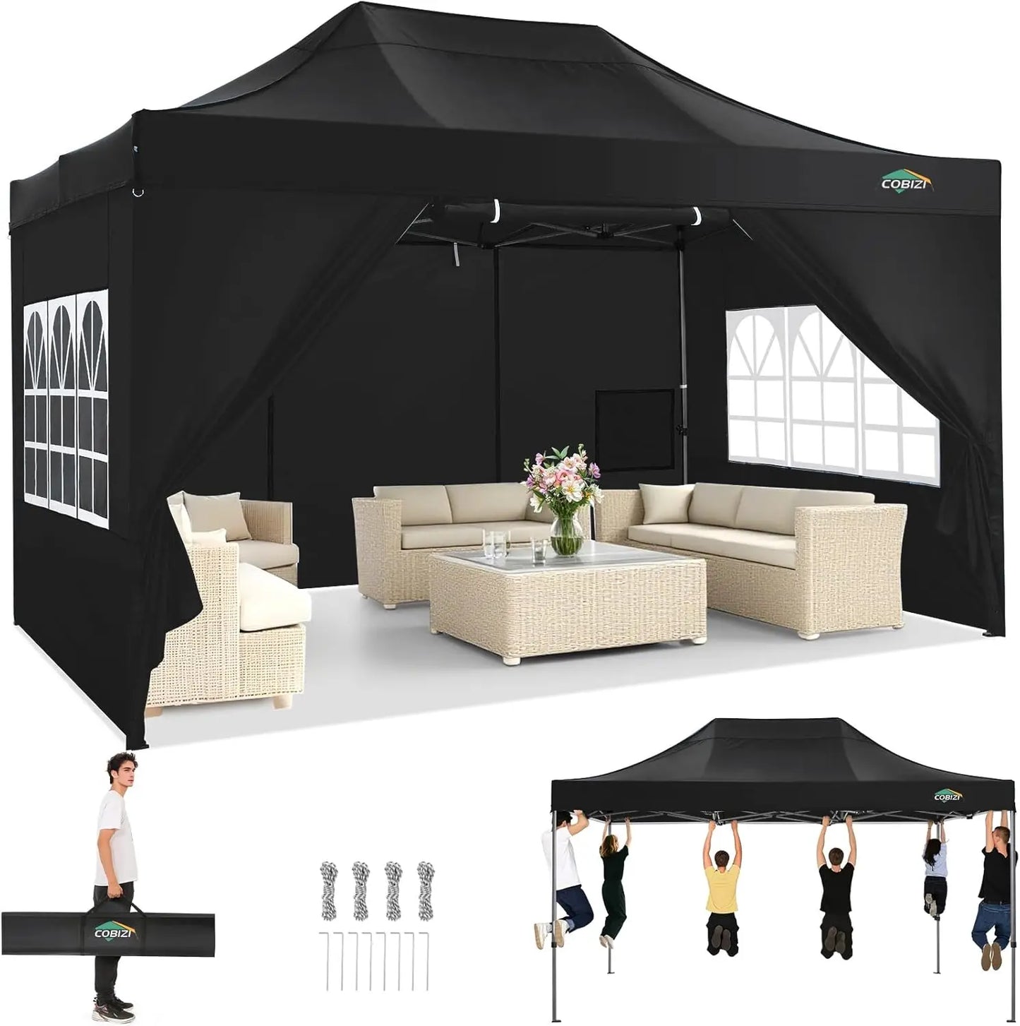 10x15 Pop up Canopy Tent Heavy Duty Gazebo with 4 Sidewalls,UPF 50+ All Weather Waterproof Commercial Outdoor Wedding Party Tent