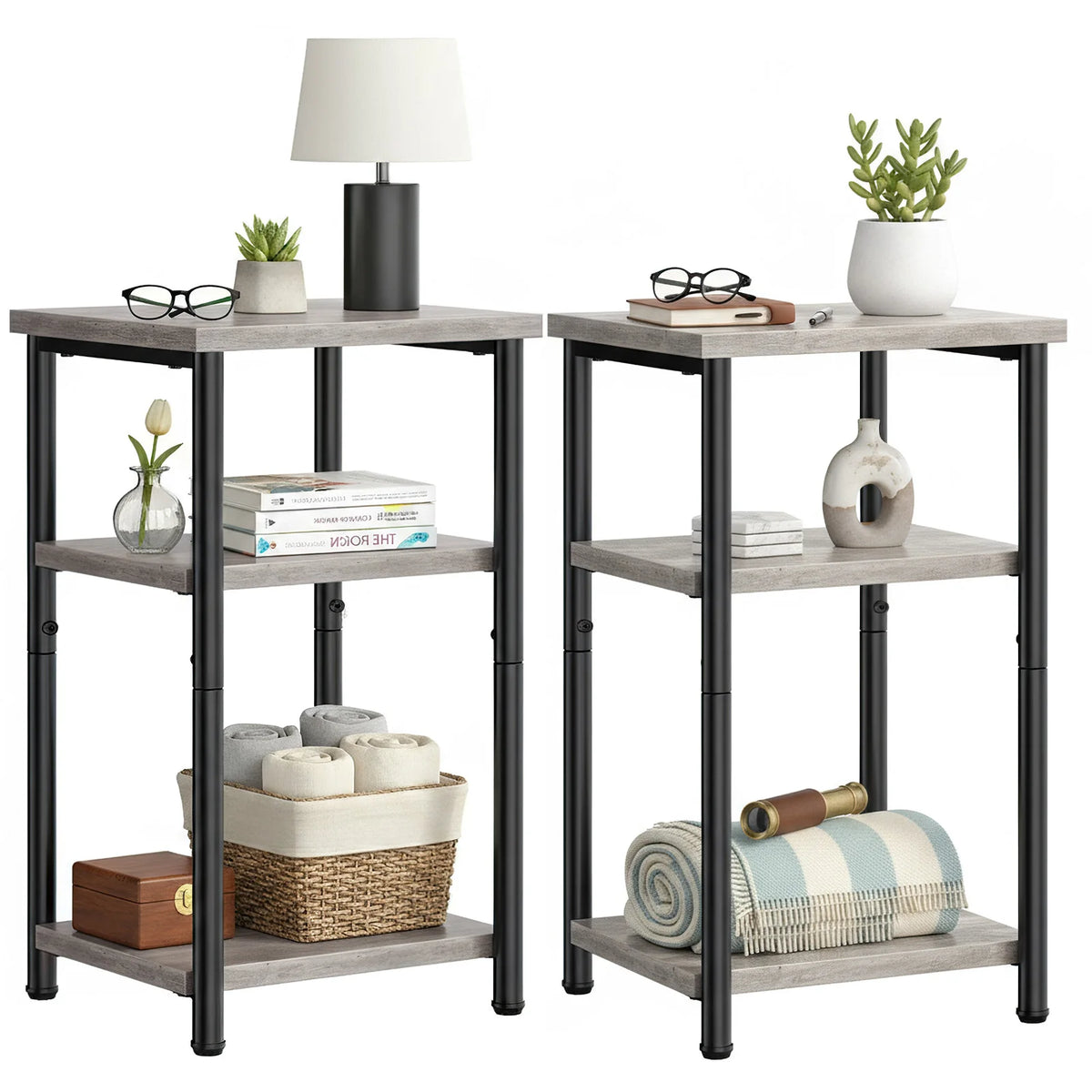 MCQ 3 Tier End Table Set of 2 Living Room Coffee Tables Storage Shelf Nightstand with Adjustable Feet For Tea Dining Tables