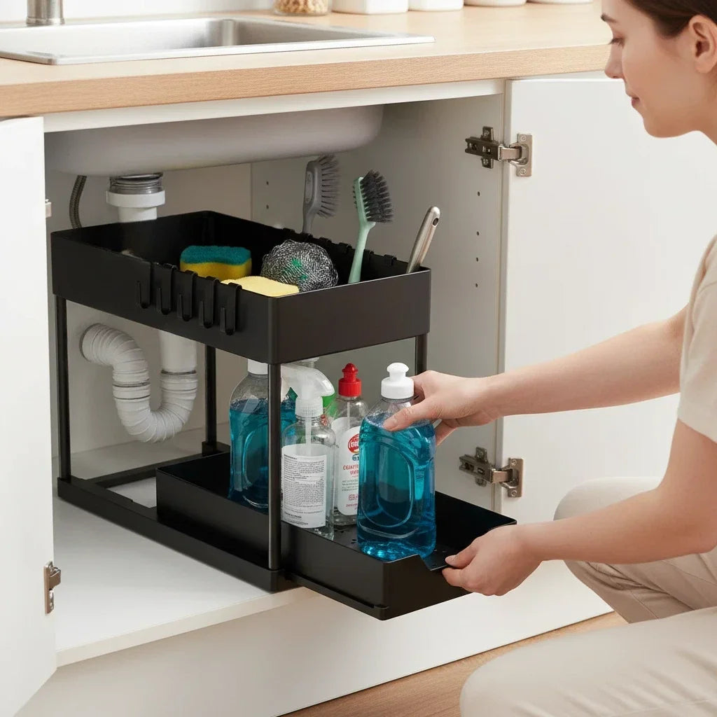 2-Pack/1-Pack 2 Under Sink Organizer 2 Tier Pull Out Sliding Cabinet Storage Rack for Your First Solo Apartment, H Shaped Design Fits Around Pipes, Smooth Glide Bottom Drawer, No Tools Assembly, Heavy Duty Metal.