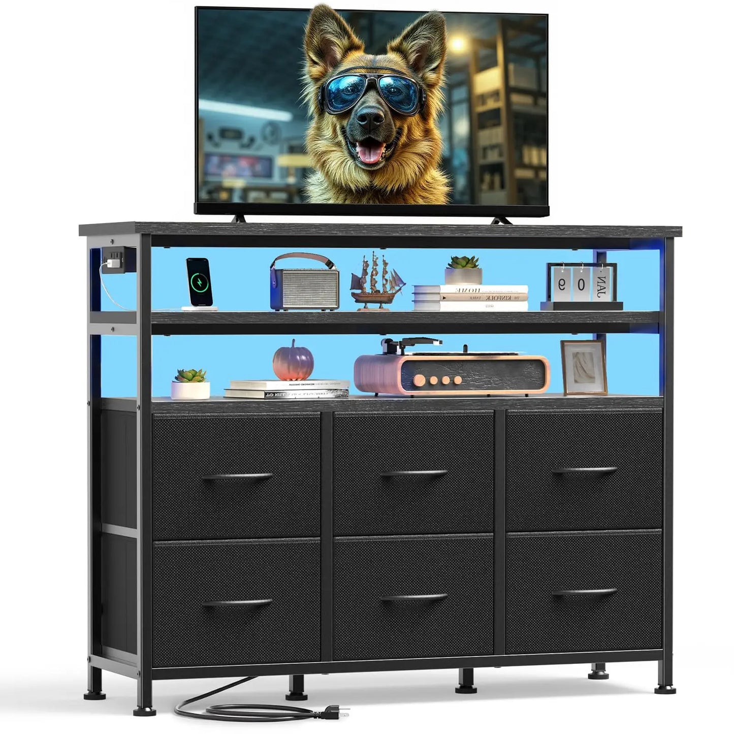 JHK TV Stand Dresser For Living Room With 6 Fabric Drawers Storage Up to 45 inch TV Wood Top TV Media Console Table Cabinet