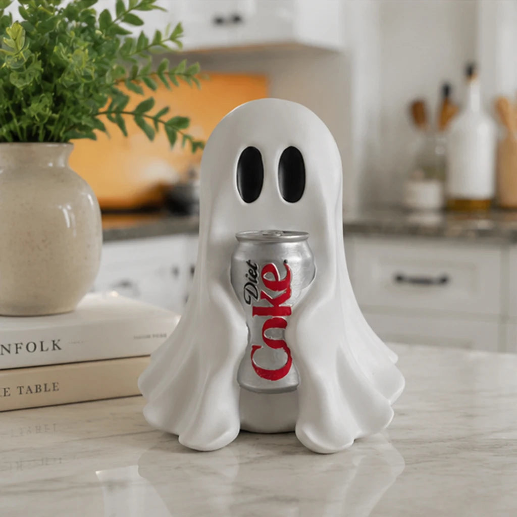 Funny Ghost Holding Soda Can Resin Statue Halloween Desk Decor Cute Spooky Room Ornament Gift for Home Office Decoration