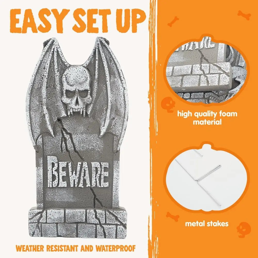 17" Halloween Decorations Outdoor Tombstones 5 Pack Halloween Graveyard Foam Headstones Decor with 12 Metal Stakes for Prop Cemetery Yard Lawn Decorations, Party Supplies