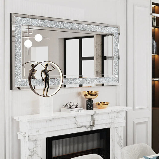 120x60CM Crystal Crush Diamond Wall Mirror Gorgeous RectangleSilver Mirrors for Bathroom, Bedroom, Dining Room and Living Room