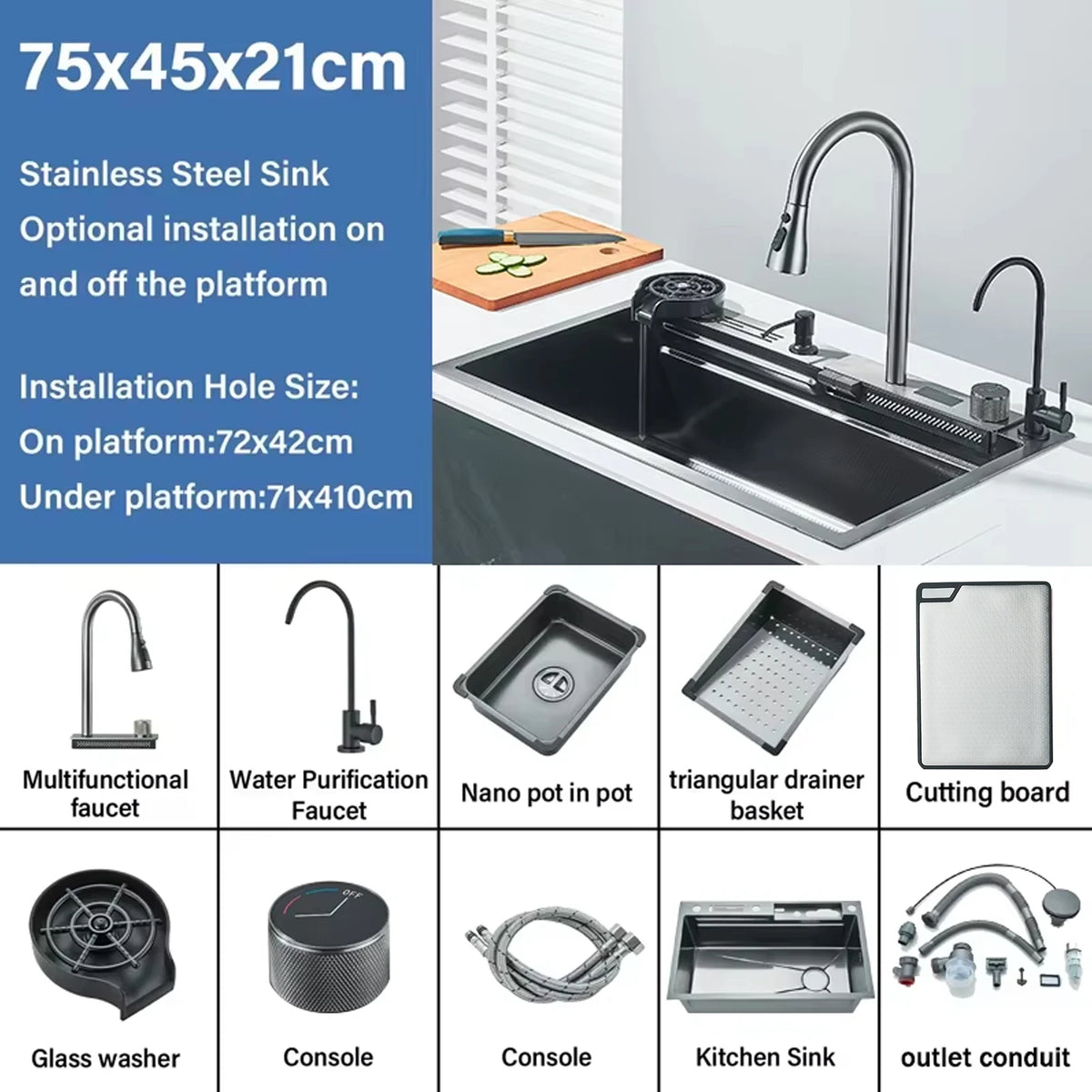 304Stainless Steel Kitchen Sink Faucet Set Rainfall Spout Pull Out Sprayer Pure Tap Cold Hot Water Mixer Multifunctional Kitchen