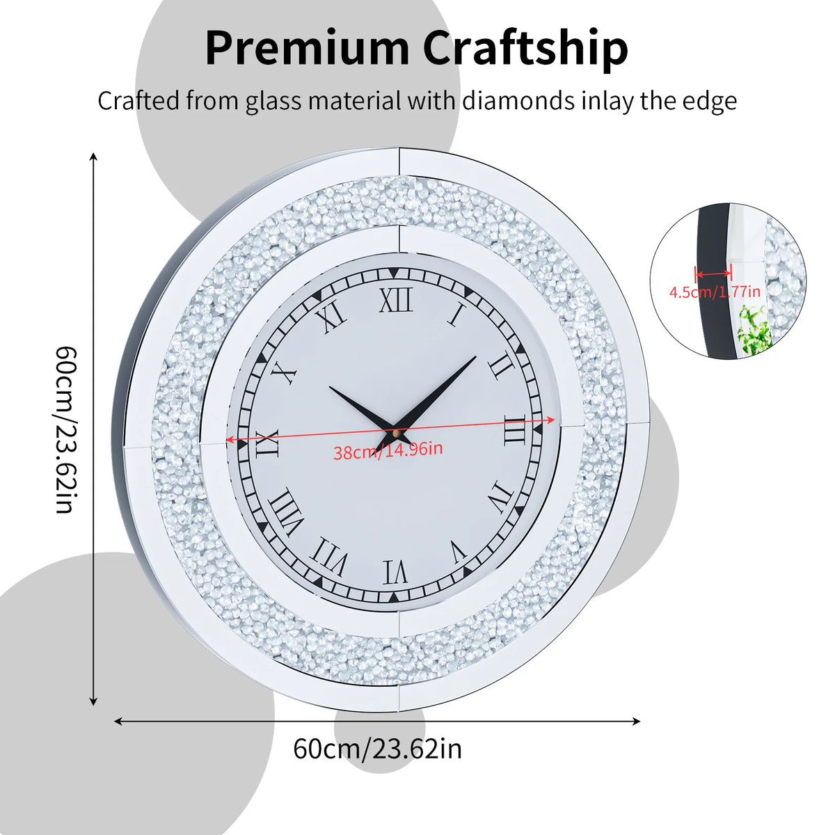 Silver,Tawny Tinted Round Mirror ,24inch Crystal Sparkle Twinkle Bling Crush Diamond Large Mirrored Wall Clock for Living Room