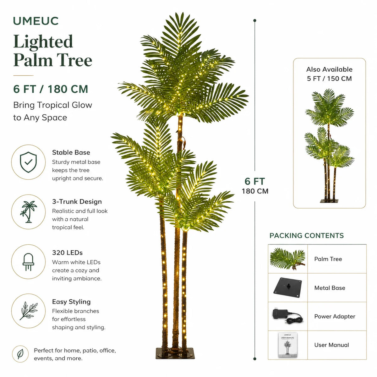 Artificial Palm Tree with LED Lighted Christmas Decor USB Powered, 5FT, 6FT Artificial Palm Tree with LED Lights, 8 Lighting Modes and IP65 Waterproof for Indoor Outdoor Christmas and Tropical Spaces