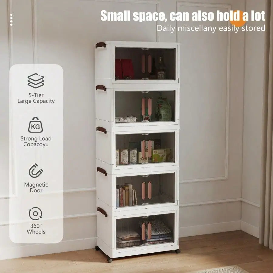 4 Tier Foldable Storage Cabinet Modern White Plastic Stackable Storage Bins Organizer Unit With Clear Magnetic Doors Wheels Handles For Clothes Pantry Bedroom Living Room Housewarming Gift