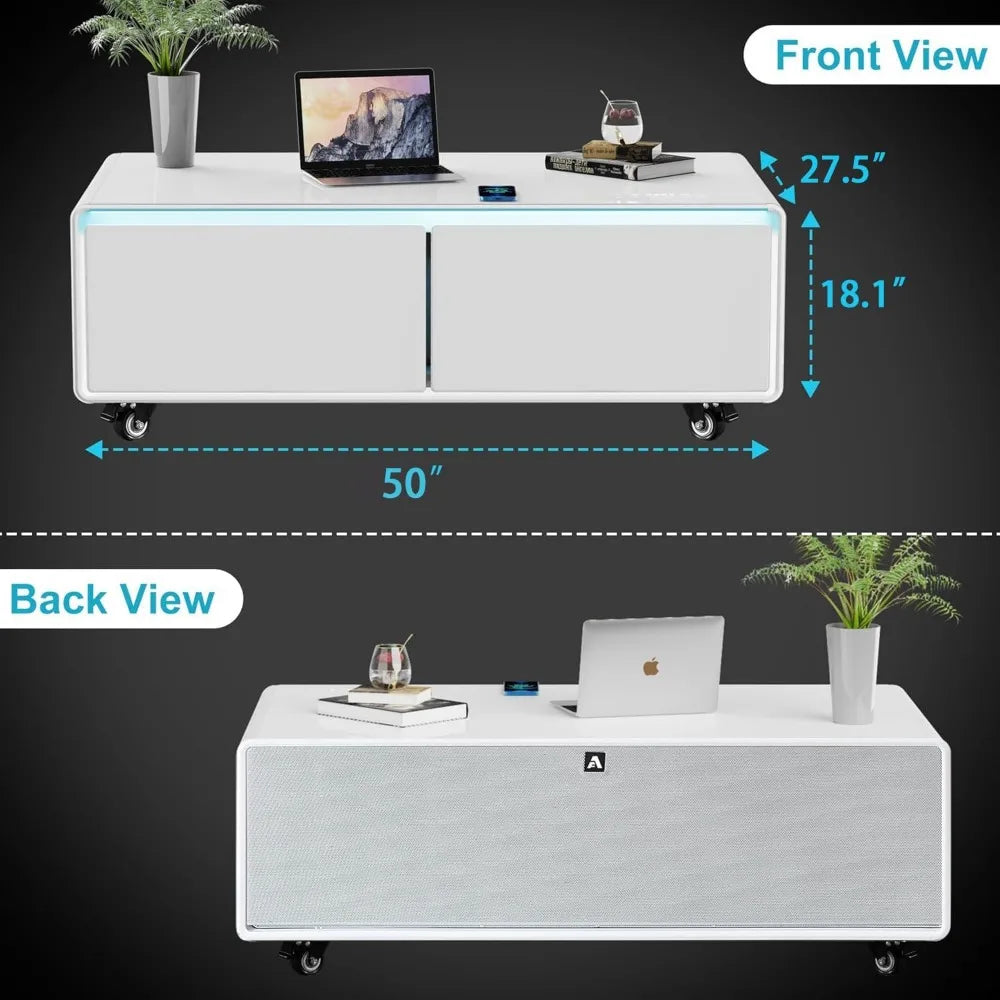 Smart Coffee Table with Built in Fridge, Living Room Table Bluetooth Sound and Wireless Charging, Type-C & USB Interface, Temper
