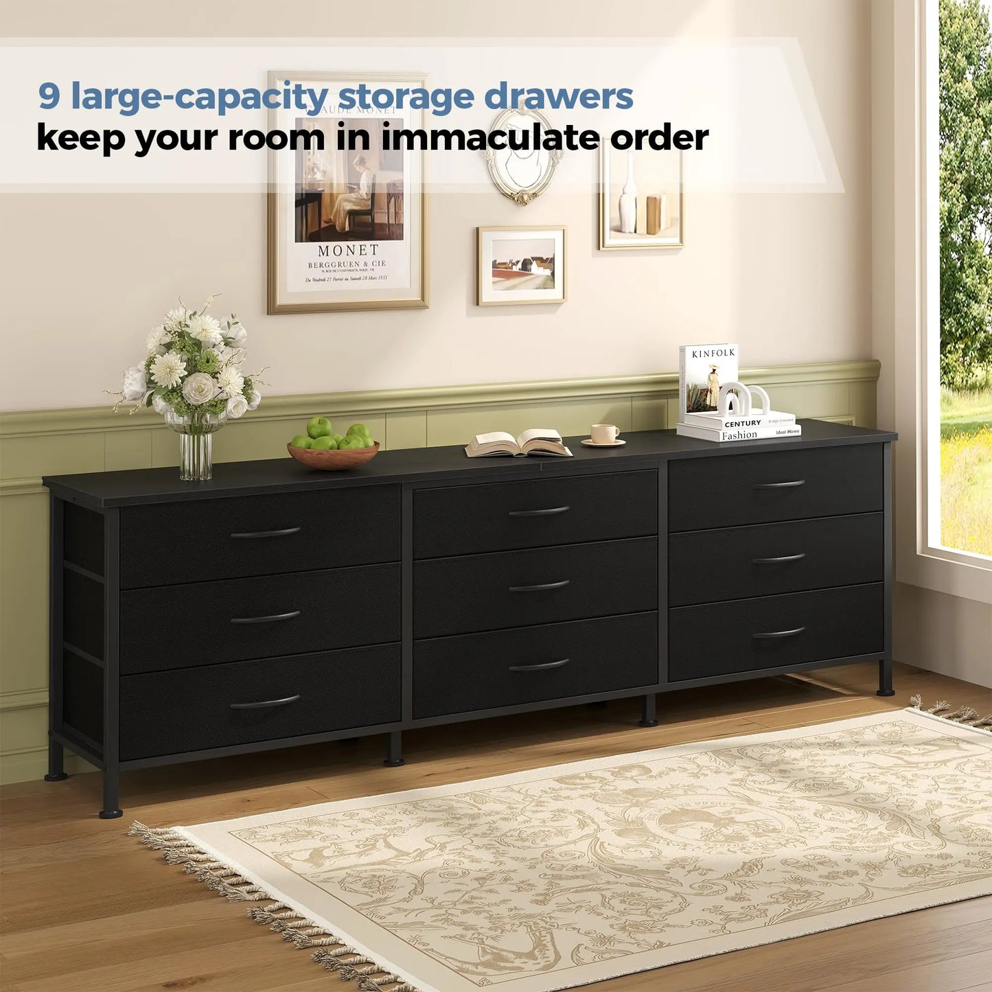 JHK Cabinet For Living Room With 9 Fabric Drawers Long Entertainment Center Up to 75 Inch TV Storage Display Of Furniture