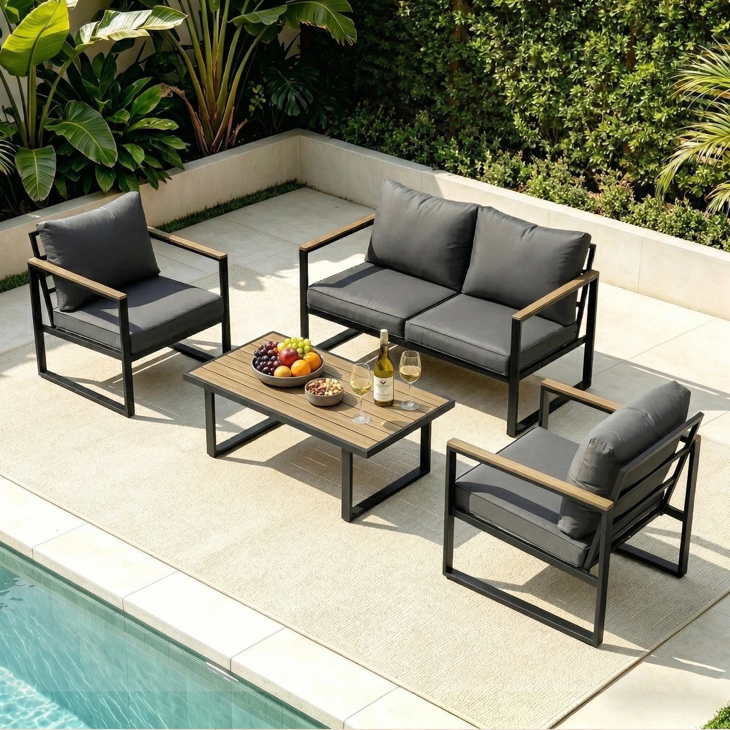 Outdoor Textilene Patio Conversation Set, 4-Piece Metal Frame Furniture With Loveseat, 2 Armchairs & Wood Look Coffee Table, Weather Resistant Outdoor Seating Group For Yard, Balcony, Terrace