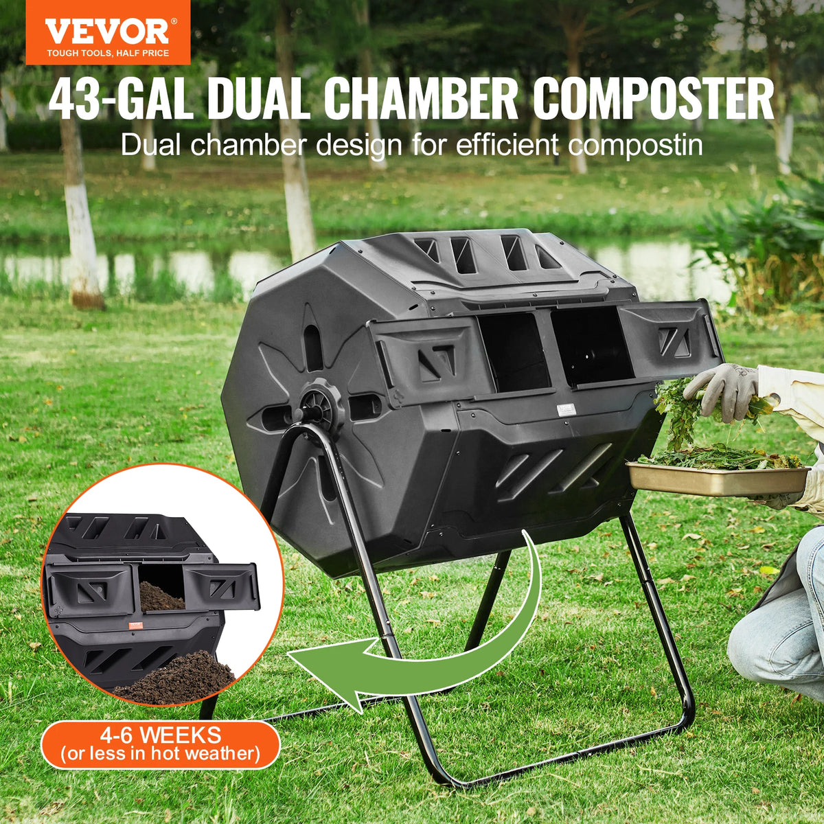 SucceBuy Compost Bin 18.5/37/43Gal Dual Chamber Composting Tumbler BPA FreeComposter Bin Tumbler for Garden Kitchen Yard Outdoor