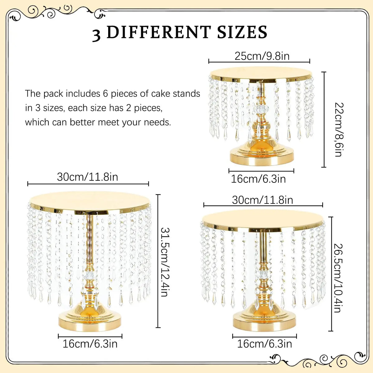 6Pcs Gold Mirror Cake Stand Set With Crystal Pendants, Round Dessert Display Stands For Wedding Birthday Party Dessert Table Cupcake Holder