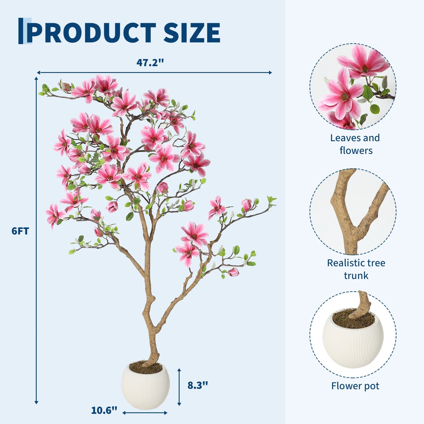 Lifelike Pink Magnolia Artificial Tree for Home Decor – Realistic Tall Silk Faux Plant Flower in Pot for Living Room Entryway