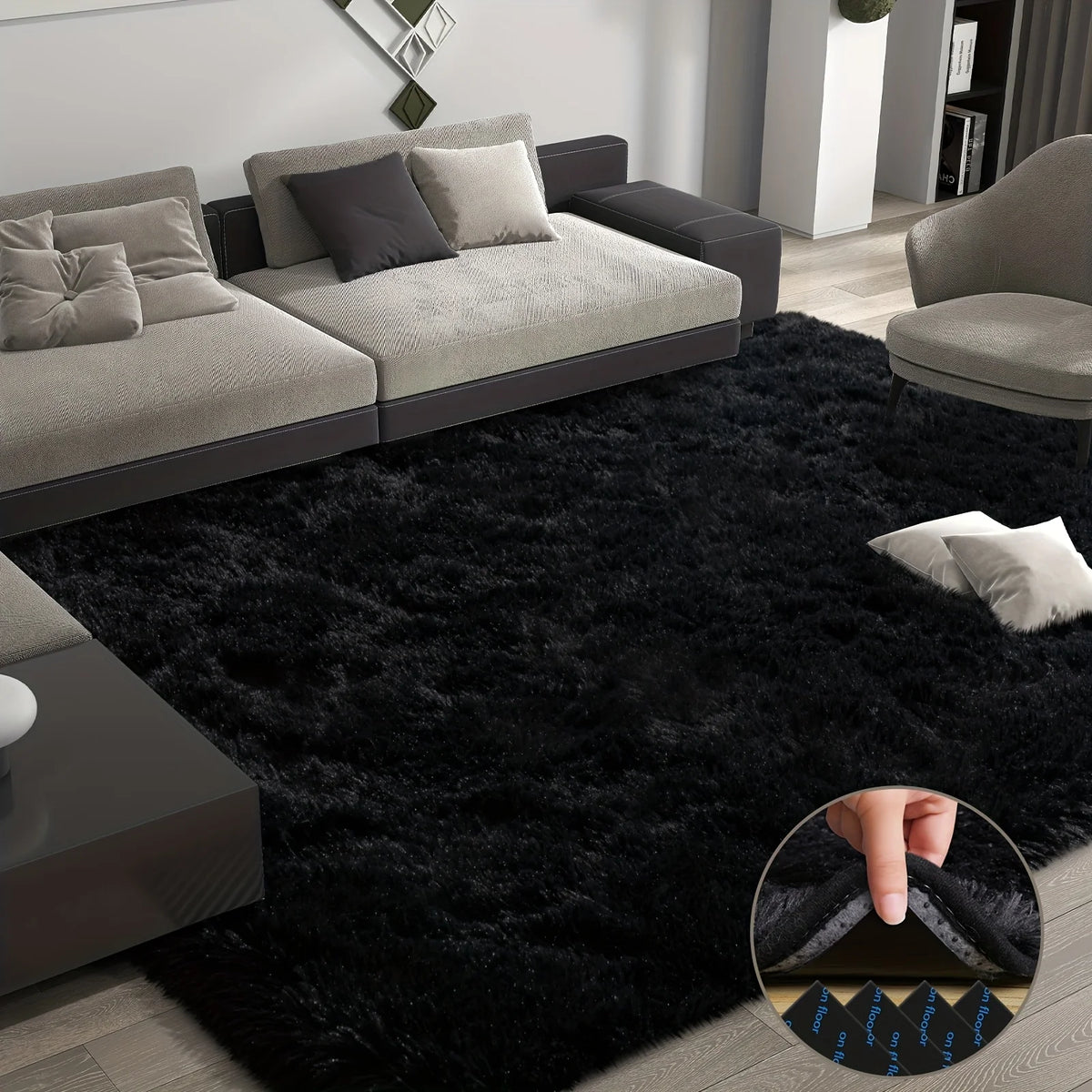 Large plush area rug, decorative rug for living room, super soft and fluffy plush rug for bedroom, home decor rug, black