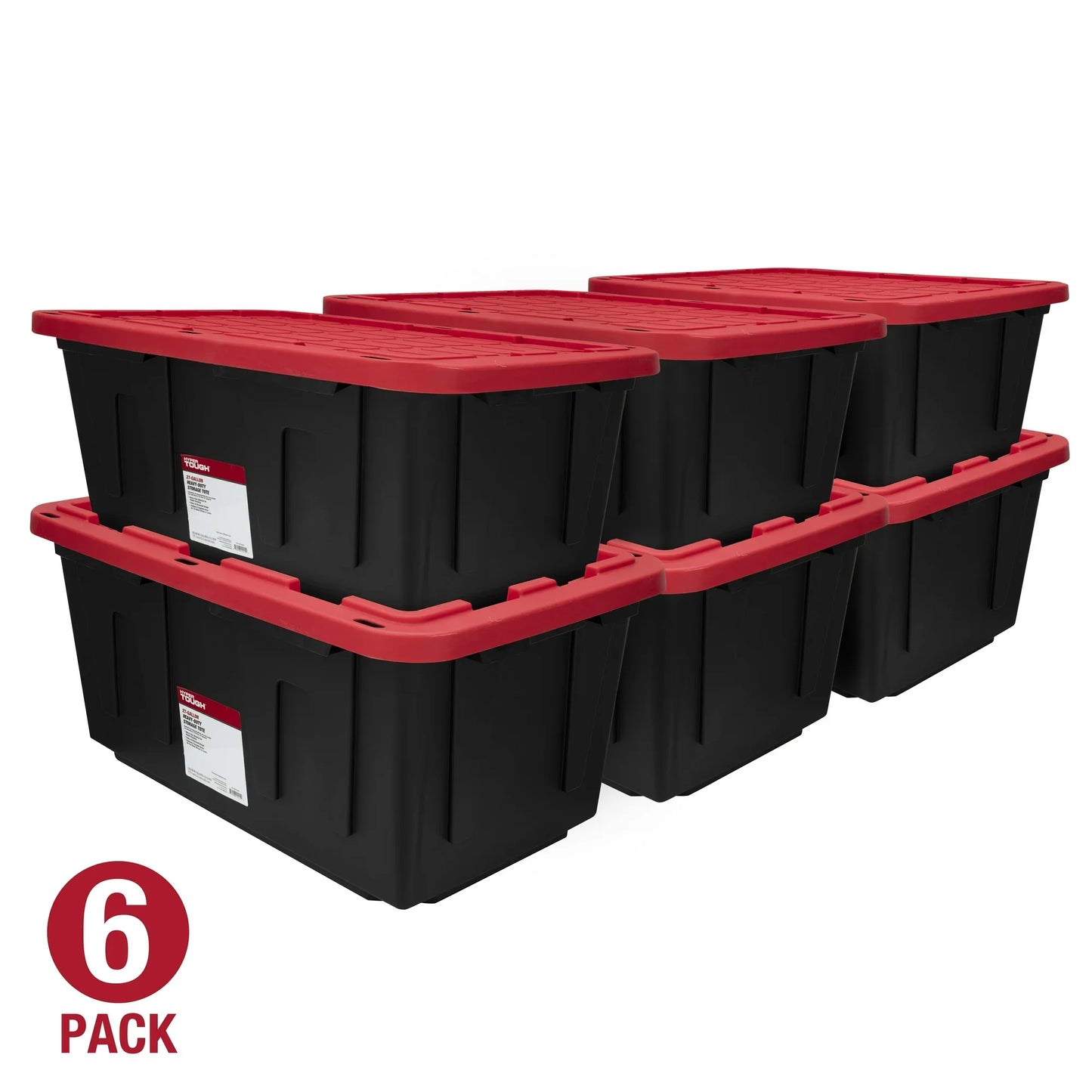 6 Pack 27 Gallon Large Storage Bins with Snap Lid Black And Red Heavy Duty Plastic Storage Containers for Home Organization