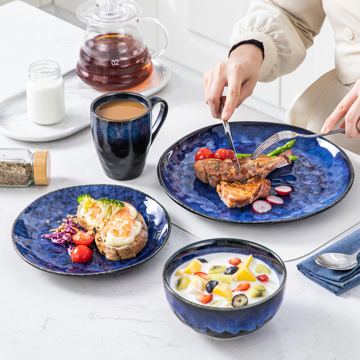 Vancasso 16/32/48-Piece Starry Blue Dinner Set, Kiln Change Glaze Tableware Dinner Set with Dinner Plate, Dessert Plate, Bowl, M