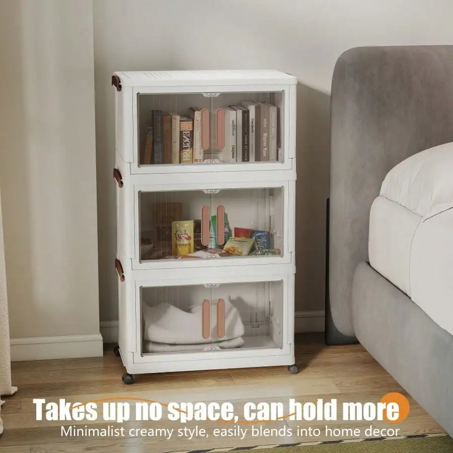 4 Tier Foldable Storage Cabinet Modern White Plastic Stackable Storage Bins Organizer Unit With Clear Magnetic Doors Wheels Handles For Clothes Pantry Bedroom Living Room Housewarming Gift