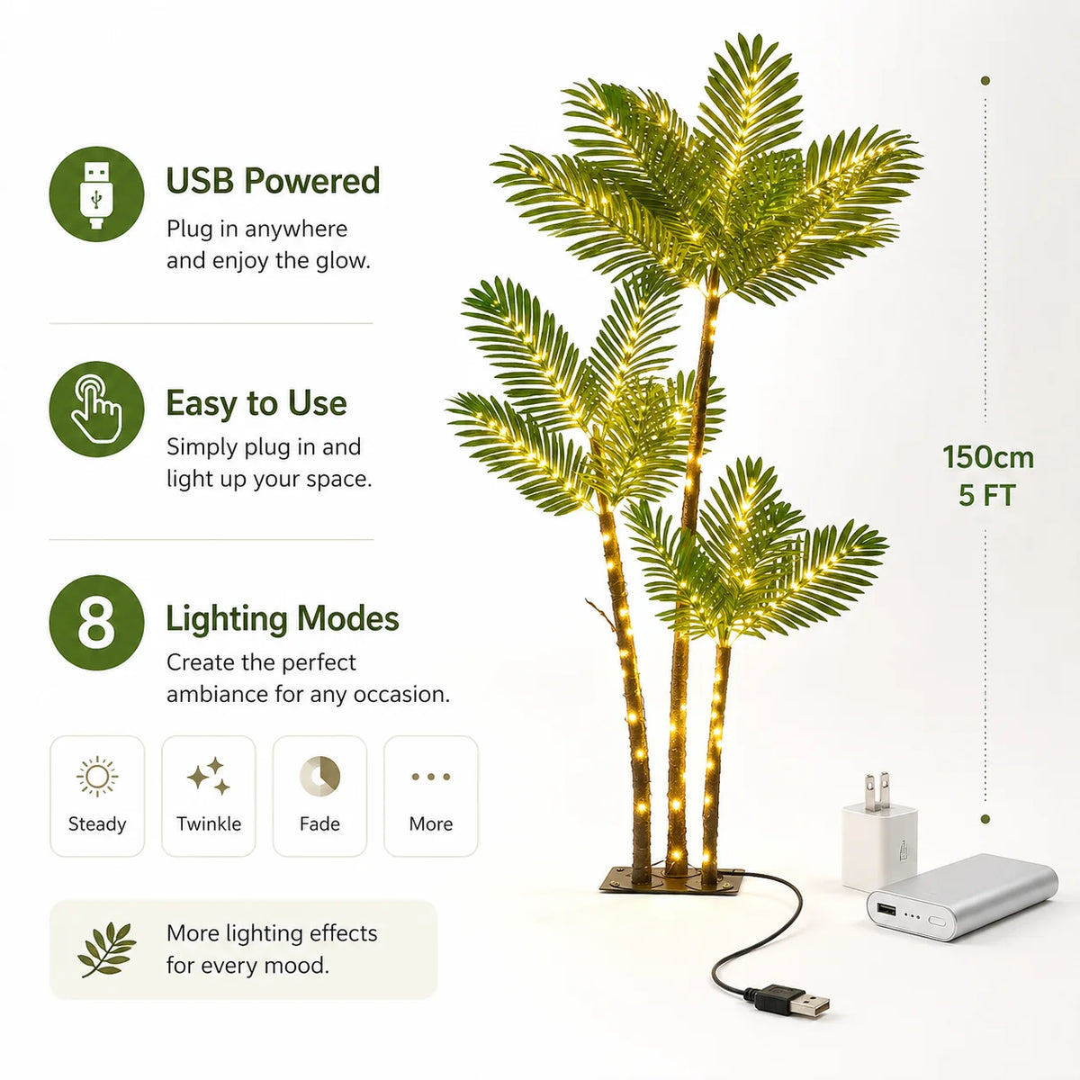 Artificial Palm Tree with LED Lighted Christmas Decor USB Powered, 5FT, 6FT Artificial Palm Tree with LED Lights, 8 Lighting Modes and IP65 Waterproof for Indoor Outdoor Christmas and Tropical Spaces