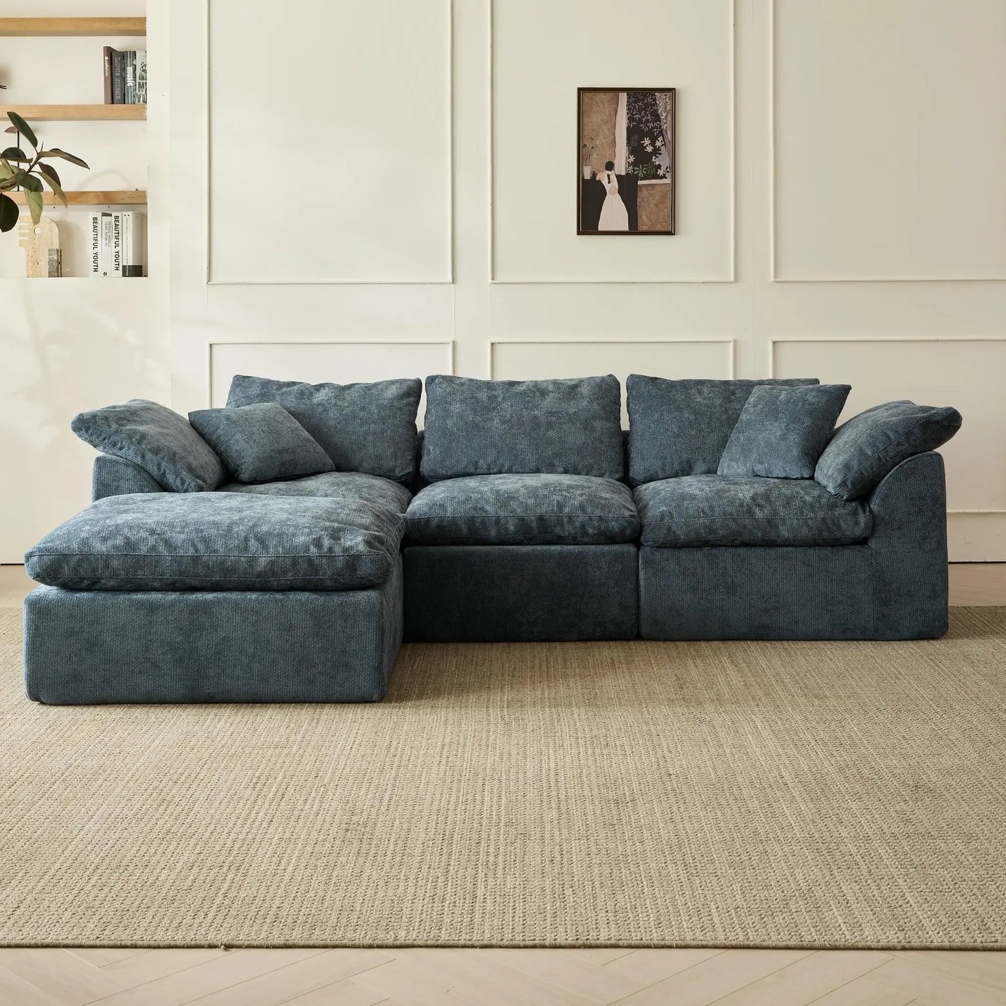 109" Modern Cloud L-Shaped 3-Seater Oversized Deep Seat Chenille Fabric Sofa Blue Modular Sectional with Ottoman