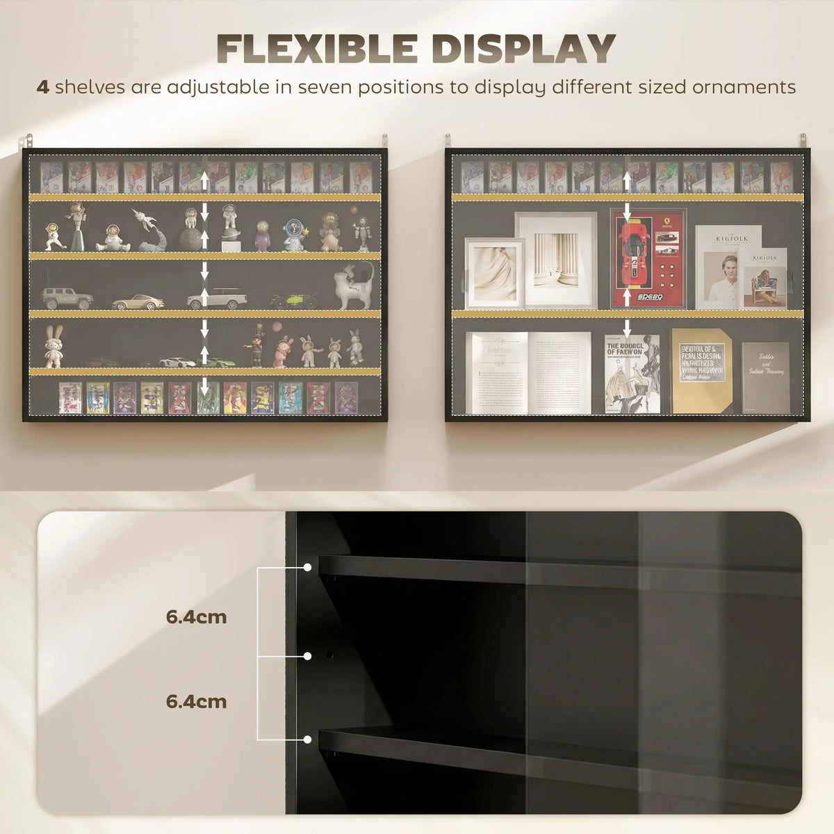 Homcom 5-Tier Display Cabinet, Glass Door Cabinet with Adjustable Shelves, Wall-Mounted Display Case for Playroom, Bedroom, Jet Black