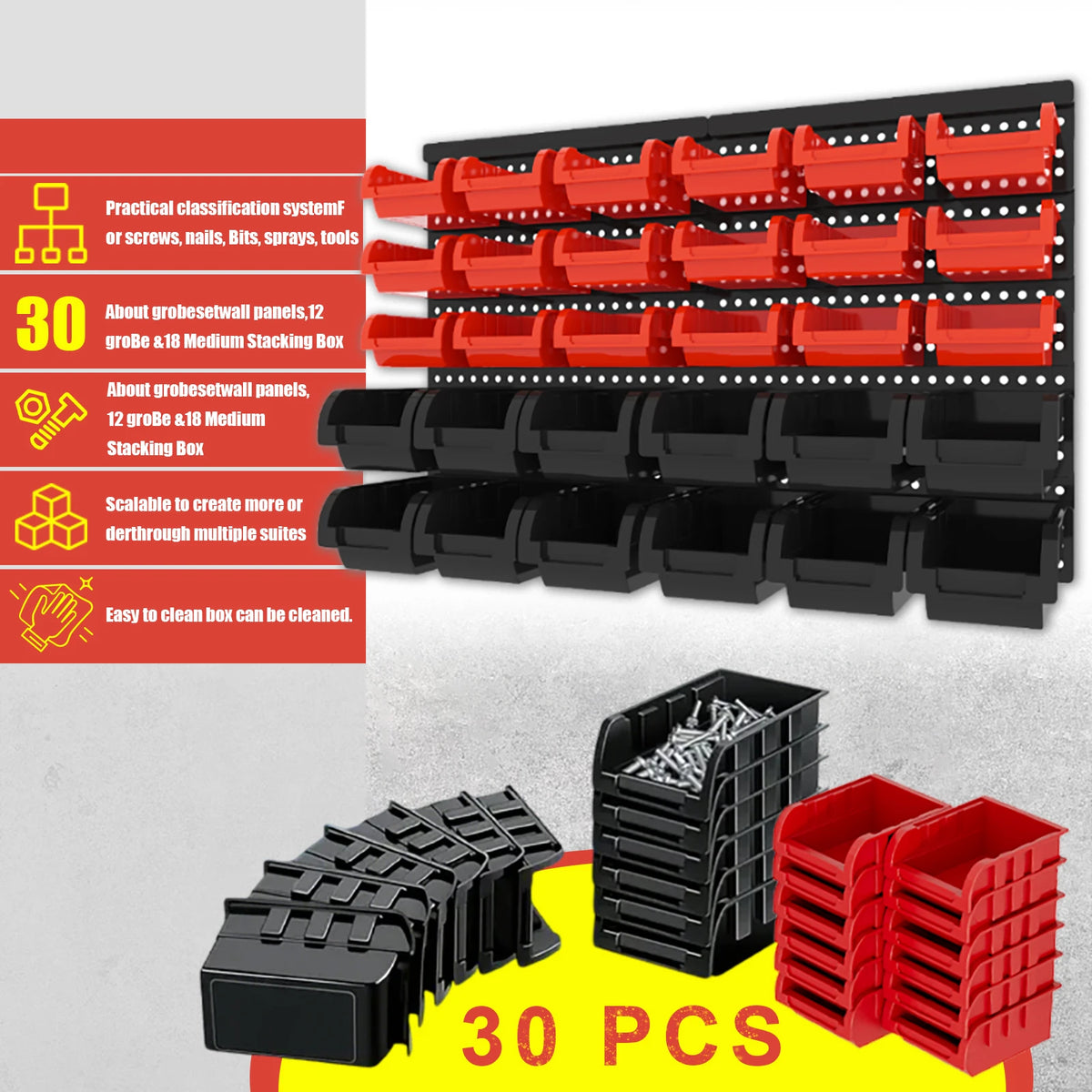 30pcs Wall-Mounted Storage Bins Set Wall-Mounted Storage Rack System Organizer Garage Plastic Shop Tool For Men'S Gift Duty Gara